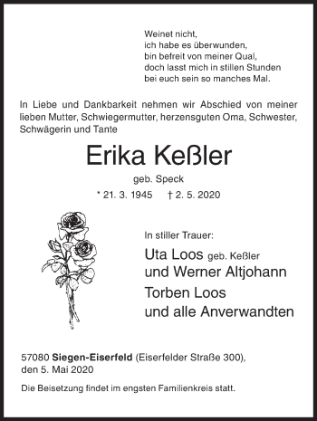 Traueranzeige von Erika Keßler von Siegener Zeitung