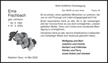 Traueranzeige von Erna Fischbach von Siegener Zeitung