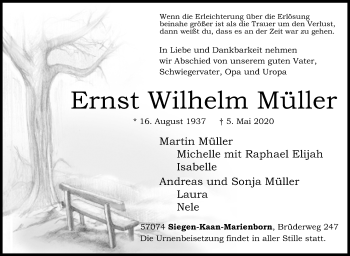 Traueranzeige von Ernst Wilhelm Müller von Siegener Zeitung