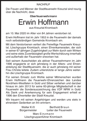 Traueranzeige von Erwin Hoffmann von Siegener Zeitung
