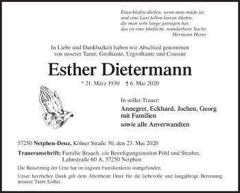 Traueranzeige von Esther Dietermann von Siegener Zeitung