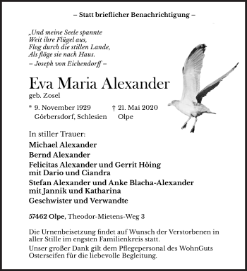 Traueranzeige von Eva Maria Alexander von Siegener Zeitung