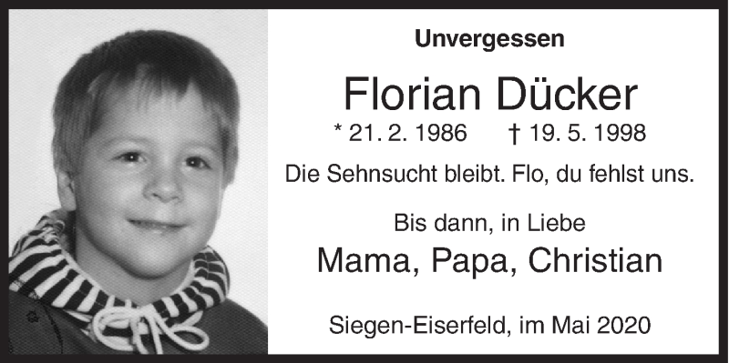  Traueranzeige für Florian Dücker vom 19.05.2020 aus Siegener Zeitung