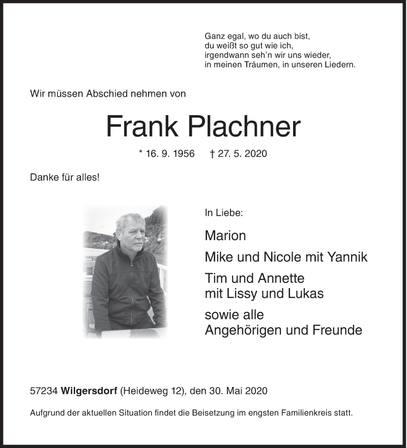  Traueranzeige für Frank Plachner vom 30.05.2020 aus Siegener Zeitung