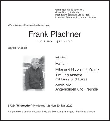 Traueranzeige von Frank Plachner von Siegener Zeitung