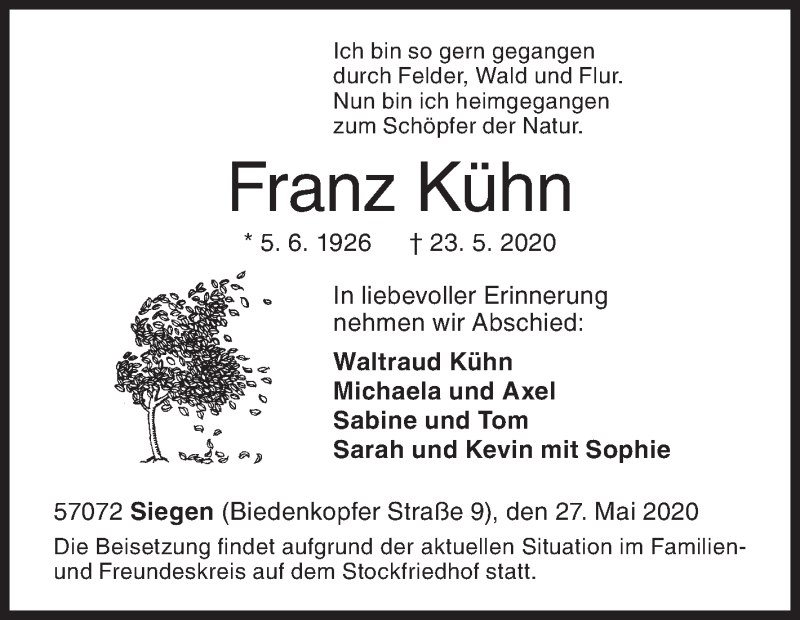  Traueranzeige für Franz Kühn vom 27.05.2020 aus Siegener Zeitung