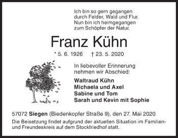 Traueranzeige von Franz Kühn von Siegener Zeitung