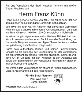 Traueranzeige von Franz Kühn von Siegener Zeitung