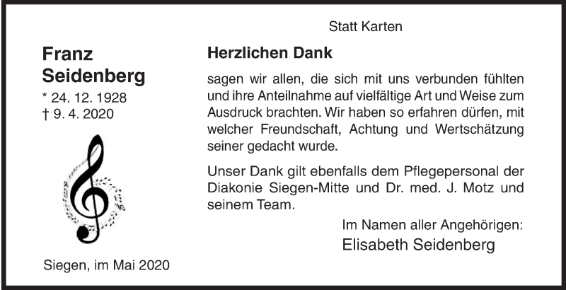  Traueranzeige für Franz Seidenberg vom 30.05.2020 aus Siegener Zeitung