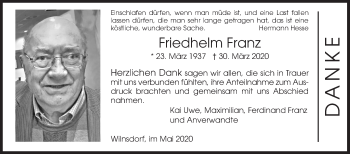 Traueranzeige von Friedhelm Franz von Siegener Zeitung