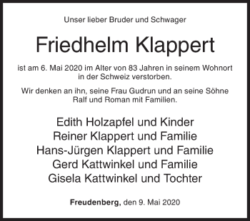 Traueranzeige von Friedhelm Klappert von Siegener Zeitung