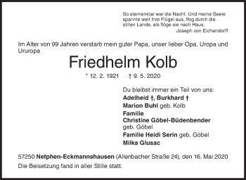 Traueranzeige von Friedhelm Kolb von Siegener Zeitung