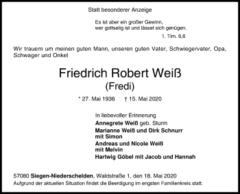 Traueranzeige von Friedrich Robert Weiß von Siegener Zeitung