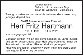 Traueranzeige von Fritz Hartmann von Siegener Zeitung