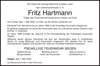 Traueranzeige von Fritz Hartmann von Siegener Zeitung