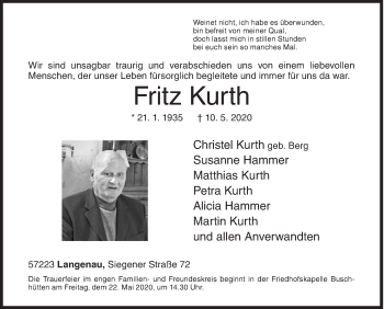 Traueranzeige von Fritz Kurth von Siegener Zeitung