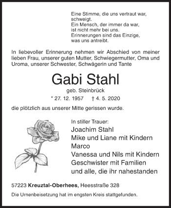 Traueranzeige von Gabi Stahl von Siegener Zeitung