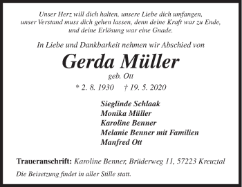 Traueranzeige von Gerda Müller von Siegener Zeitung
