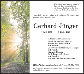 Traueranzeige von Gerhard Jünger von Siegener Zeitung