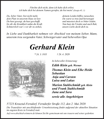 Traueranzeige von Gerhard Klein von Siegener Zeitung