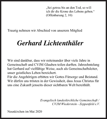 Traueranzeige von Gerhard Lichtenthäler von Siegener Zeitung