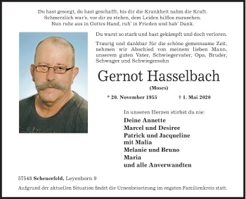 Traueranzeige von Gernot Hasselbach von Siegener Zeitung