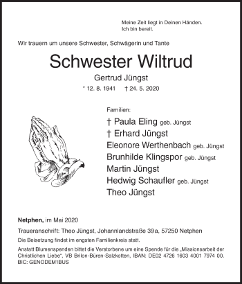 Traueranzeige von Gertrud Jüngst von Siegener Zeitung