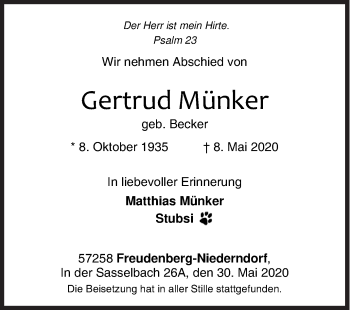 Traueranzeige von Gertrud Münker von Siegener Zeitung