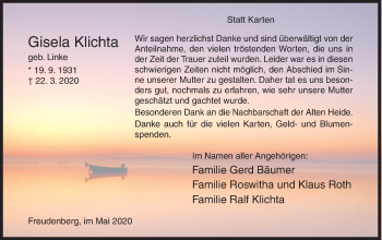Traueranzeige von Gisela Klichta von Siegener Zeitung