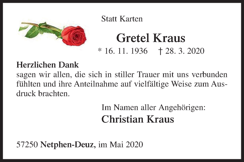  Traueranzeige für Gretel Kraus vom 09.05.2020 aus Siegener Zeitung
