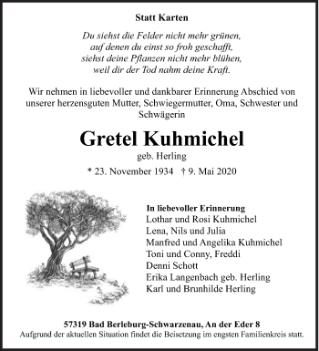 Traueranzeige von Gretel Kuhmichel von Siegener Zeitung