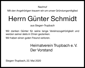 Traueranzeige von Günter Schmidt von Siegener Zeitung