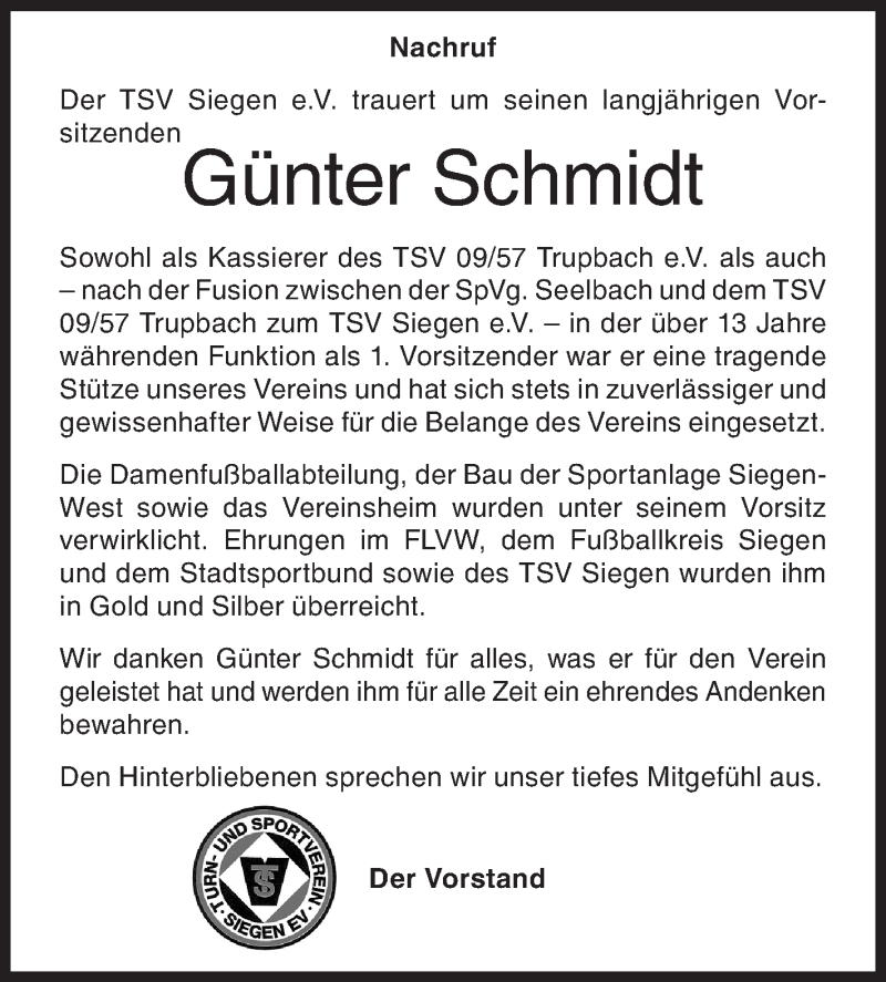  Traueranzeige für Günter Schmidt vom 20.05.2020 aus Siegener Zeitung