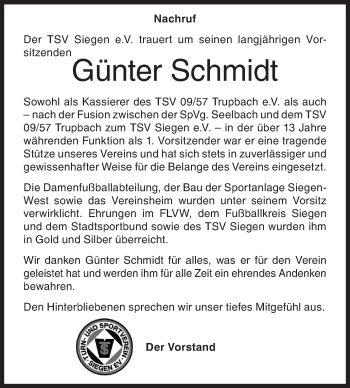 Traueranzeige von Günter Schmidt von Siegener Zeitung