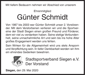Traueranzeige von Günter Schmidt von Siegener Zeitung