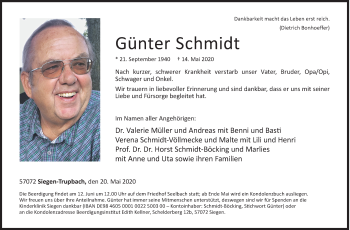 Traueranzeige von Günter Schmidt von Siegener Zeitung