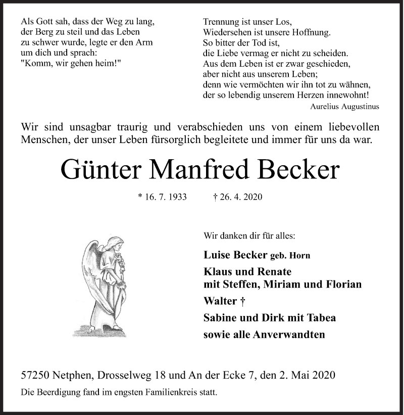  Traueranzeige für Günter Manfred Becker vom 02.05.2020 aus Siegener Zeitung