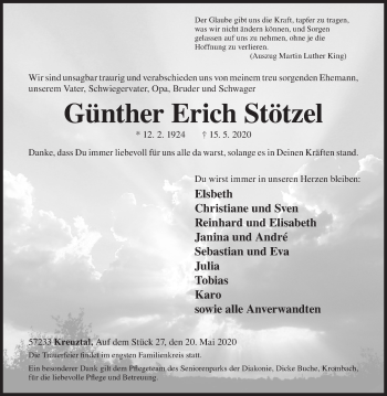 Traueranzeige von Günther Erich Stötzel von Siegener Zeitung