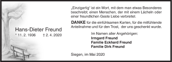 Traueranzeige von Hans-Dieter Freund von Siegener Zeitung