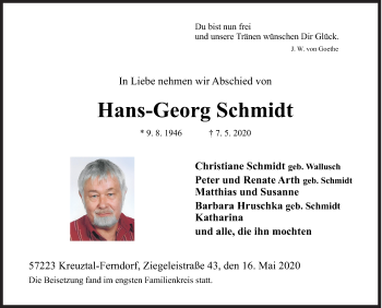 Traueranzeige von Hans-Georg Schmidt von Siegener Zeitung