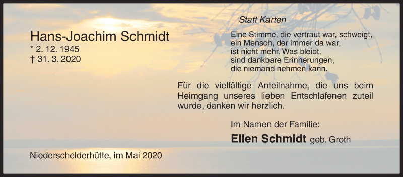  Traueranzeige für Hans-Joachim  Schmidt vom 06.05.2020 aus Siegener Zeitung
