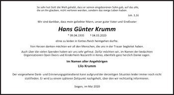 Traueranzeige von Hans Günter Krumm von Siegener Zeitung