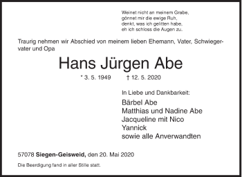 Traueranzeige von Hans Jürgen Abe von Siegener Zeitung