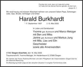 Traueranzeige von Harald Burkhardt von Siegener Zeitung