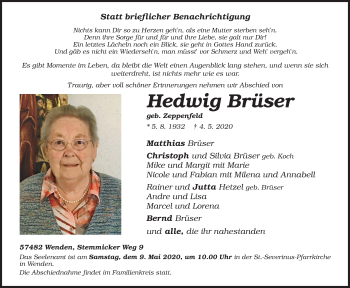 Traueranzeige von Hedwig Brüser von Siegener Zeitung