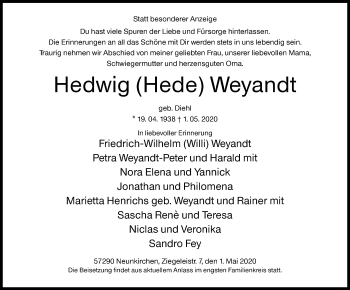 Traueranzeige von Hedwig Weyandt von Siegener Zeitung