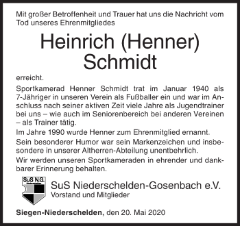 Traueranzeige von Heinrich Schmidt von Siegener Zeitung