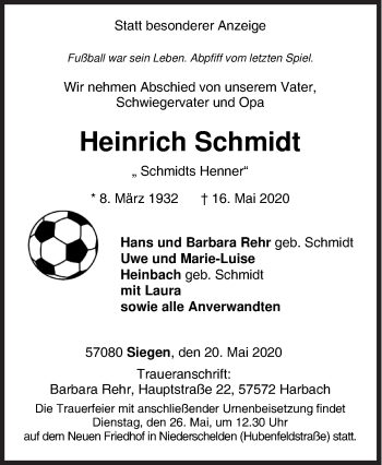 Traueranzeige von Heinrich Schmidt von Siegener Zeitung