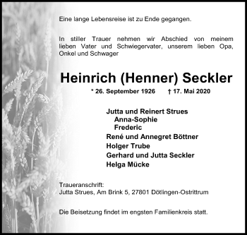 Traueranzeige von Heinrich Seckler von Siegener Zeitung
