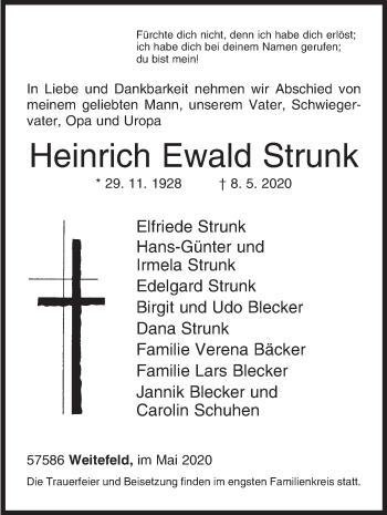 Traueranzeige von Heinrich Ewald Strunk von Siegener Zeitung